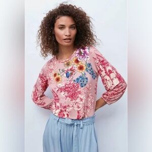Johnny Was House on the Hill Puff Long Sleeve Top - Pink Floral - Size Large
